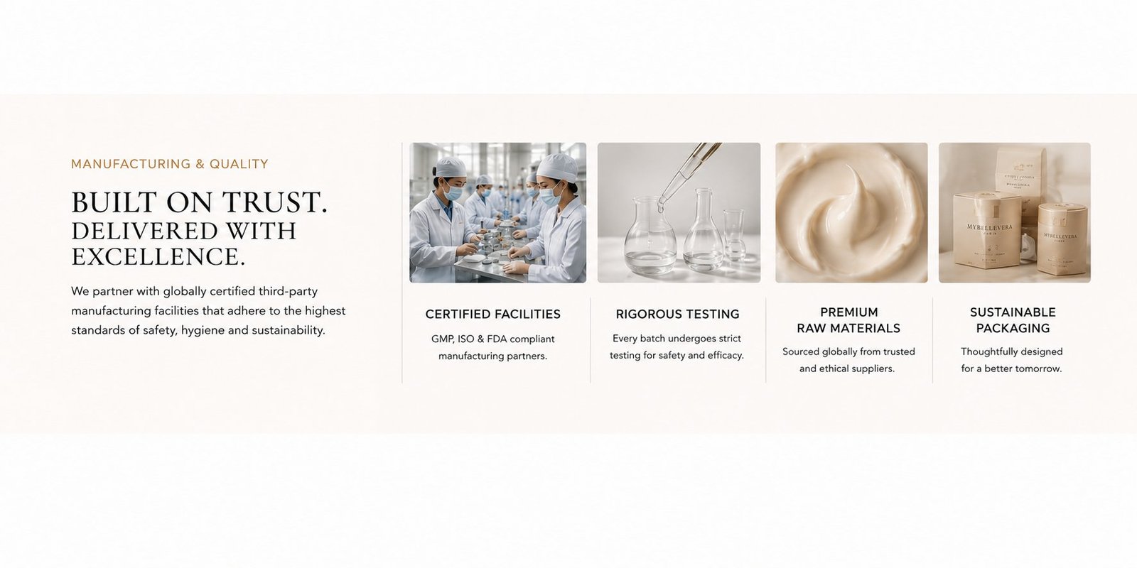 Built on trust, delivered with excellence — certified facilities, rigorous testing, premium raw materials, sustainable packaging.