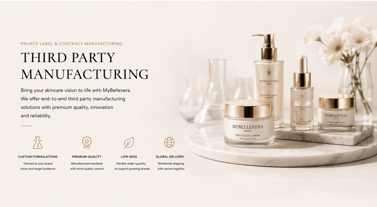 Third party manufacturing — custom formulations, premium quality, low MOQ, global delivery.